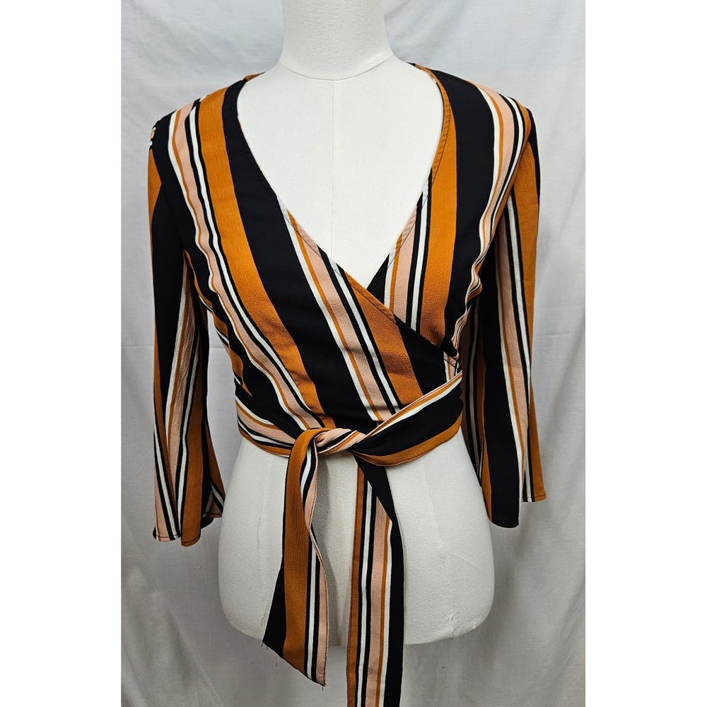 Forever 21 Contemp Mustard Yellow Striped Wrap Crop Top Bell Sleeve Sm Hippie